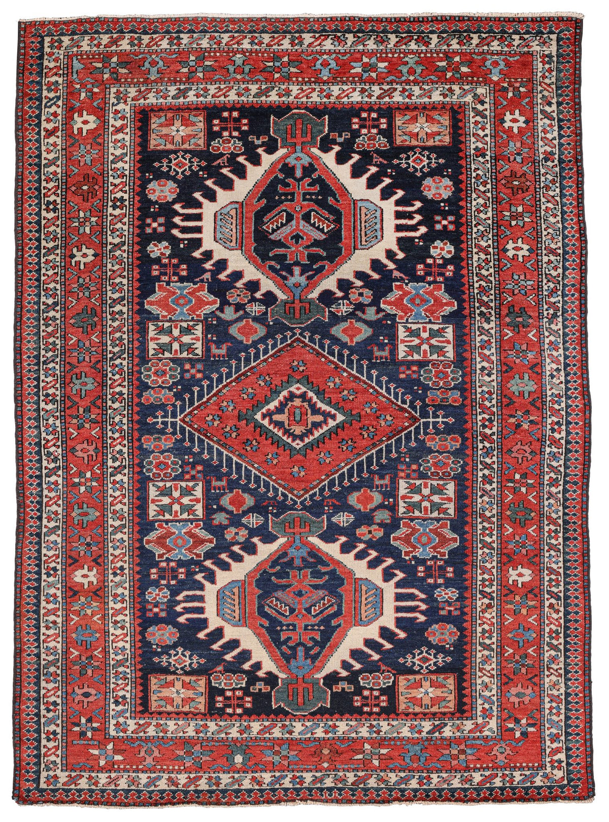 Red and Navy Triple-Medallion Heriz Rug 02230 — 4'7