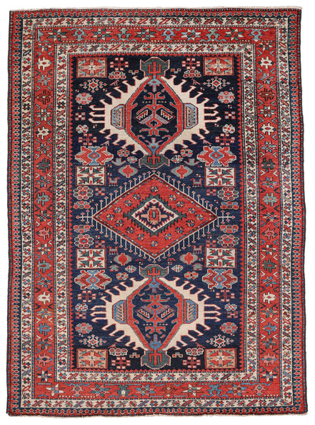 Red and Navy Triple-Medallion Heriz Rug 02230 — 4'7" x 6'2" - image 1