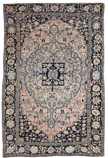 Antique Navy, Pink, and Blue Medallion Persian Fereghan Rug 04205 — 4'4" x 6'5" - image 1