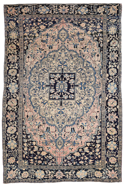 Antique Navy, Pink, and Blue Medallion Persian Fereghan Rug 04205 — 4'4" x 6'5" - image 1