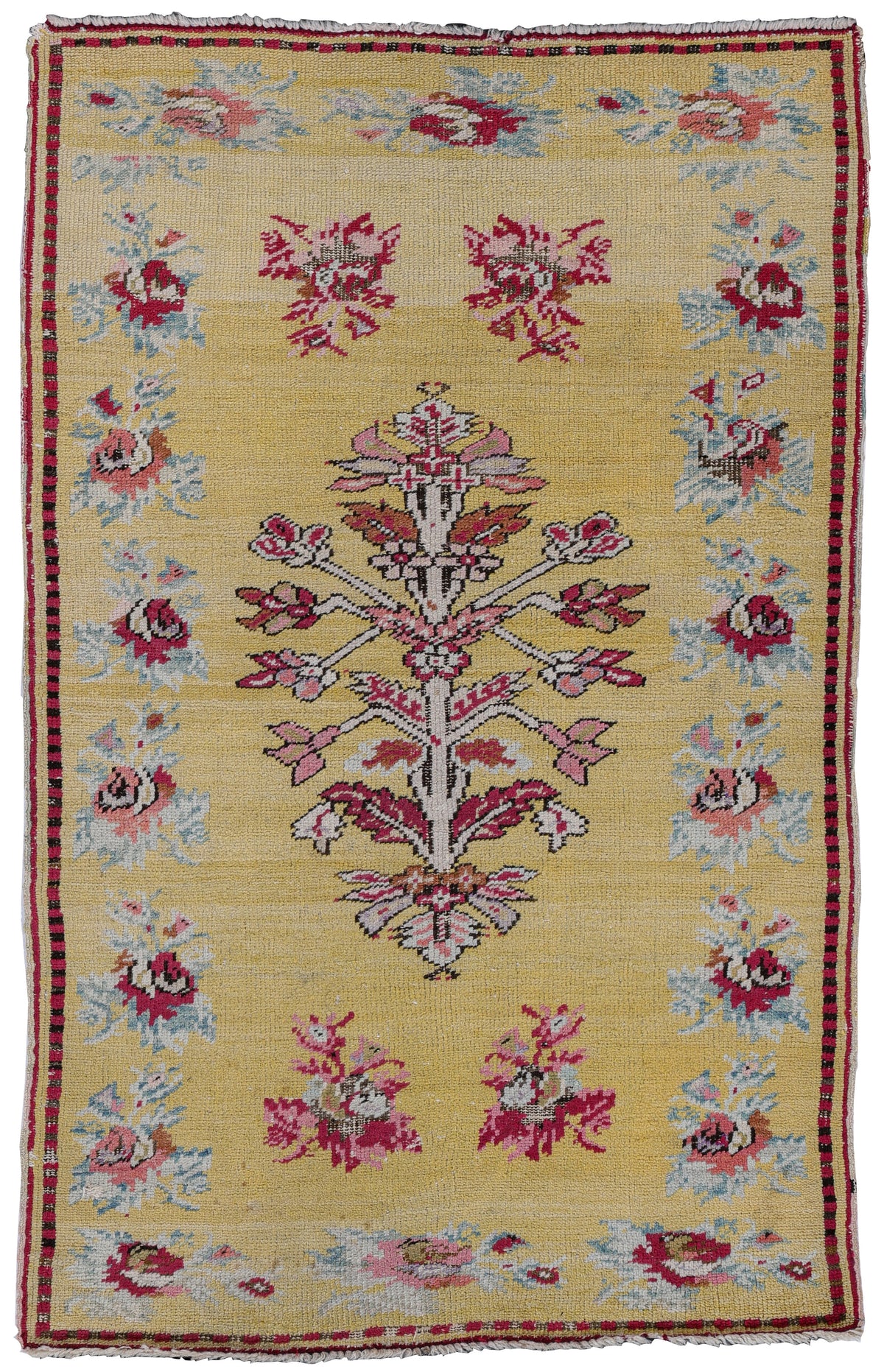 Antique Yellow and Rose Flowering Tree Turkish Rug 04223 — 3'1