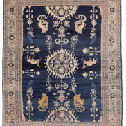 Antique Deep Blue, Cream, and Ivory Animal Design Persian Fereghan Rug 07131 — 6'8