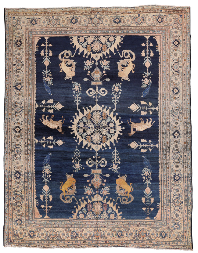 Antique Deep Blue, Cream, and Ivory Animal Design Persian Fereghan Rug 07131 — 6'8" x 8'6" - image 1
