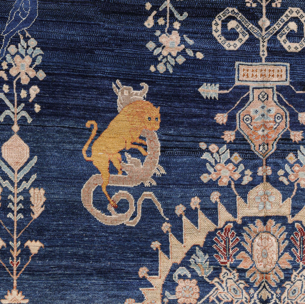 Antique Deep Blue, Cream, and Ivory Animal Design Persian Fereghan Rug 07131 — 6'8