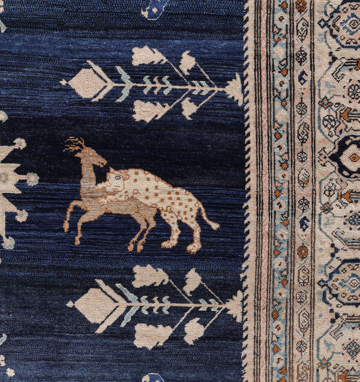 Antique Deep Blue, Cream, and Ivory Animal Design Persian Fereghan Rug 07131 — 6'8