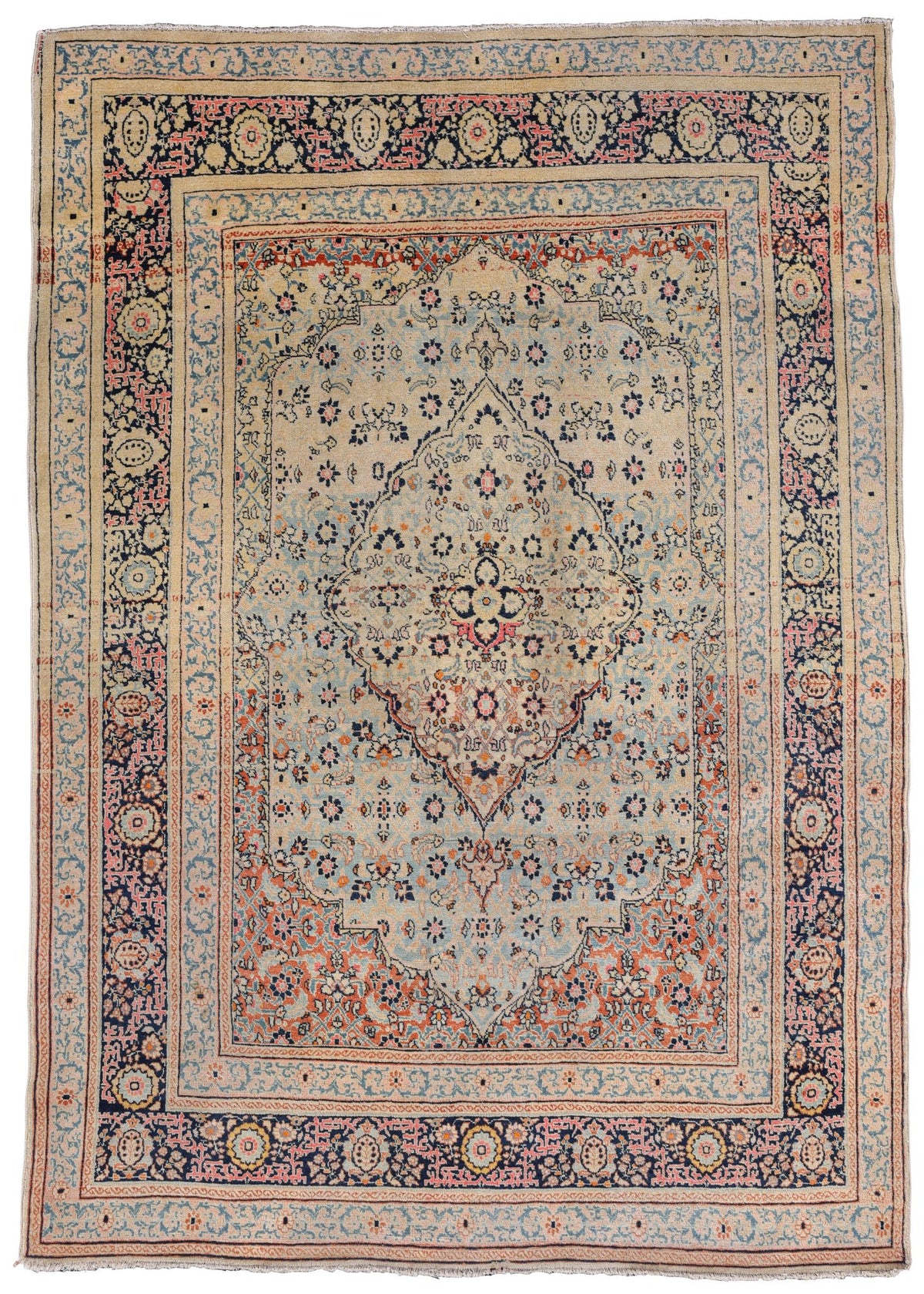 Antique Ivory, Red, and Blue Diamond Medallion Persian Tabriz Rug 10165 — 4'1
