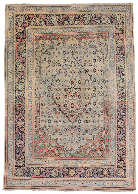 Antique Ivory, Red, and Blue Diamond Medallion Persian Tabriz Rug 10165 — 4'1" x 6' - image 1