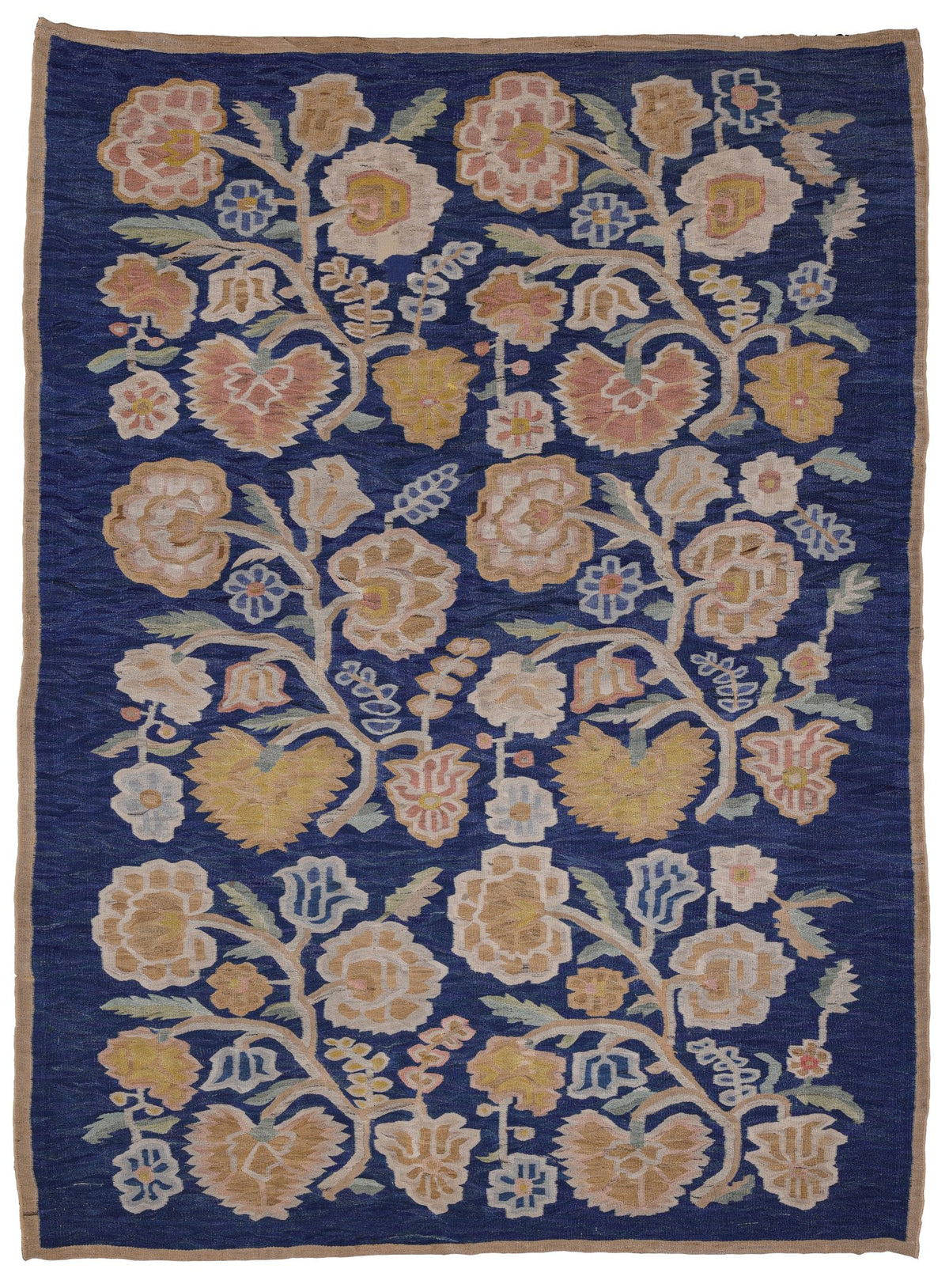 Deep Blue and Gold Floral Bessarabian Kilim 21118 — 6' x 7'8