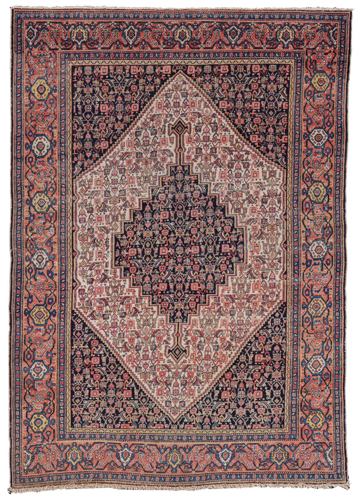Navy Blue and Rose Diamond Medallion Persian Senna Rug 3421 — 4'6