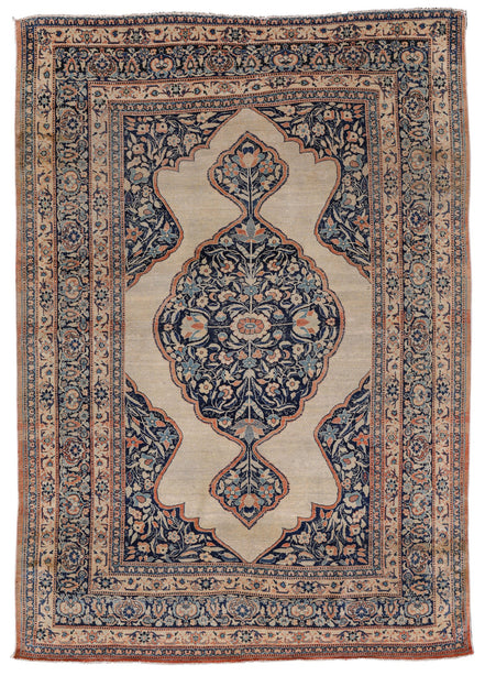 Antique Beige and Navy Floral Medallion Persian Tabriz Rug 6346 — 4'5" x 6'4" - image 1