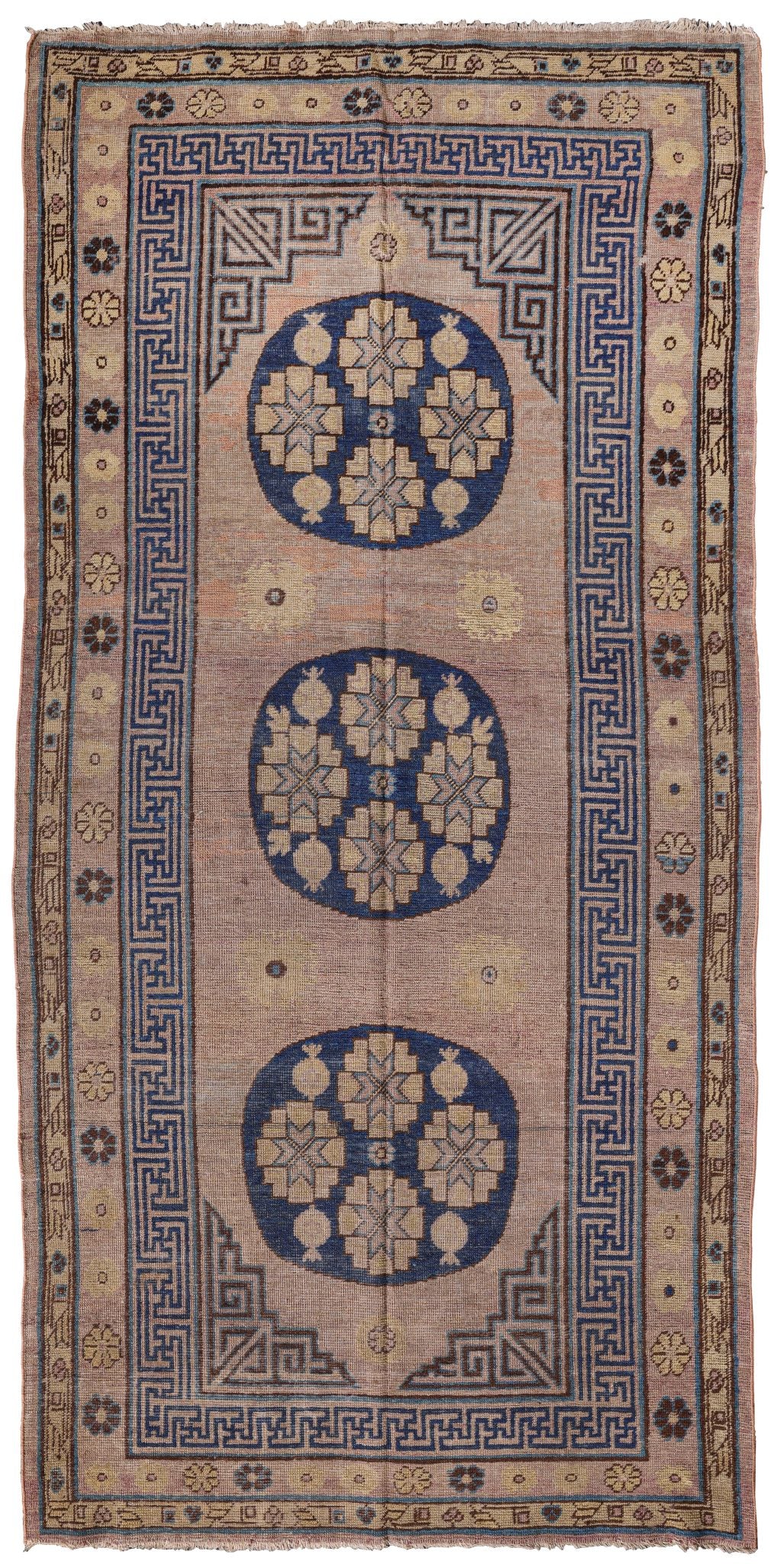 Antique Warm Taupe and Navy Triple Roundel Khotan Rug 7155 — 4'1