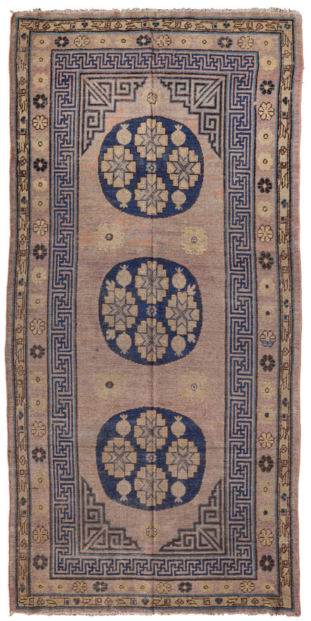 Antique Warm Taupe and Navy Triple Roundel Khotan Rug 7155 — 4'1" x 8'4" - image 1
