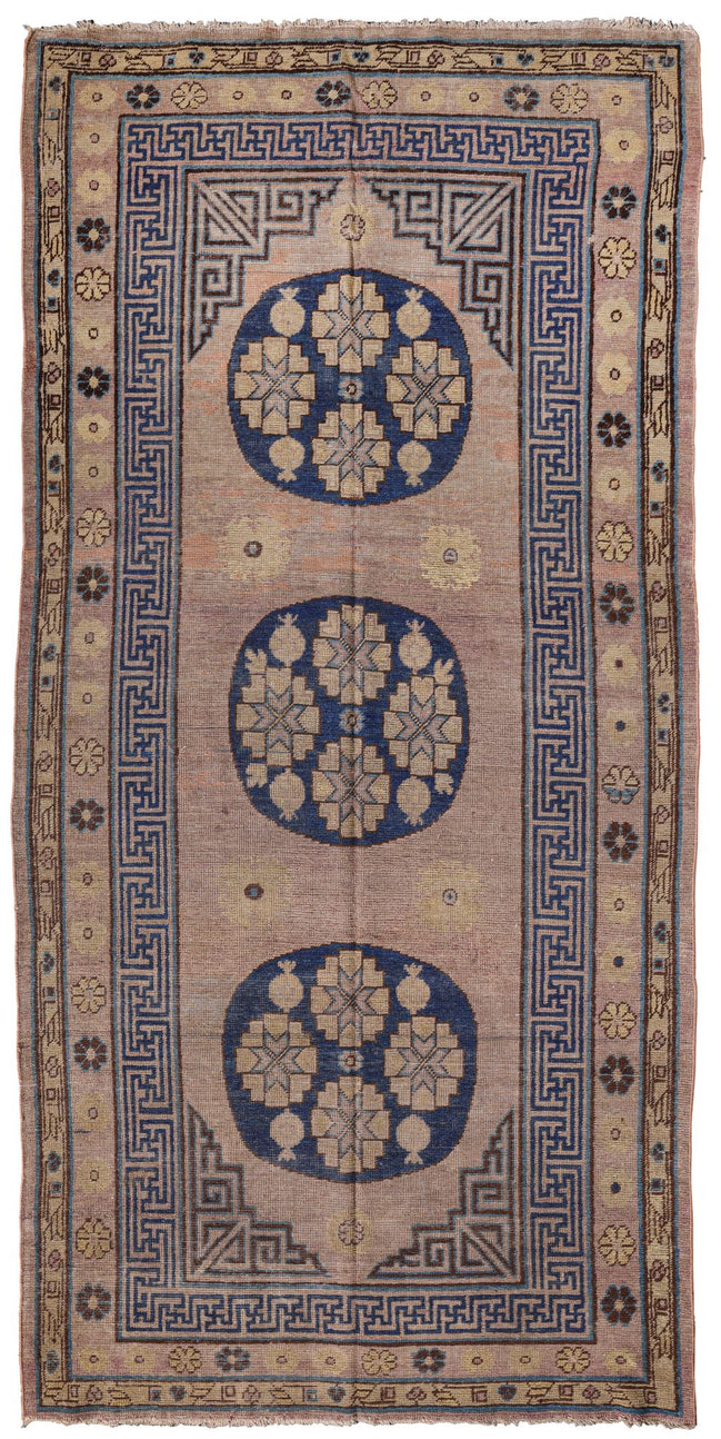 Antique Warm Taupe and Navy Triple Roundel Khotan Rug 7155 — 4'1" x 8'4" - image 1