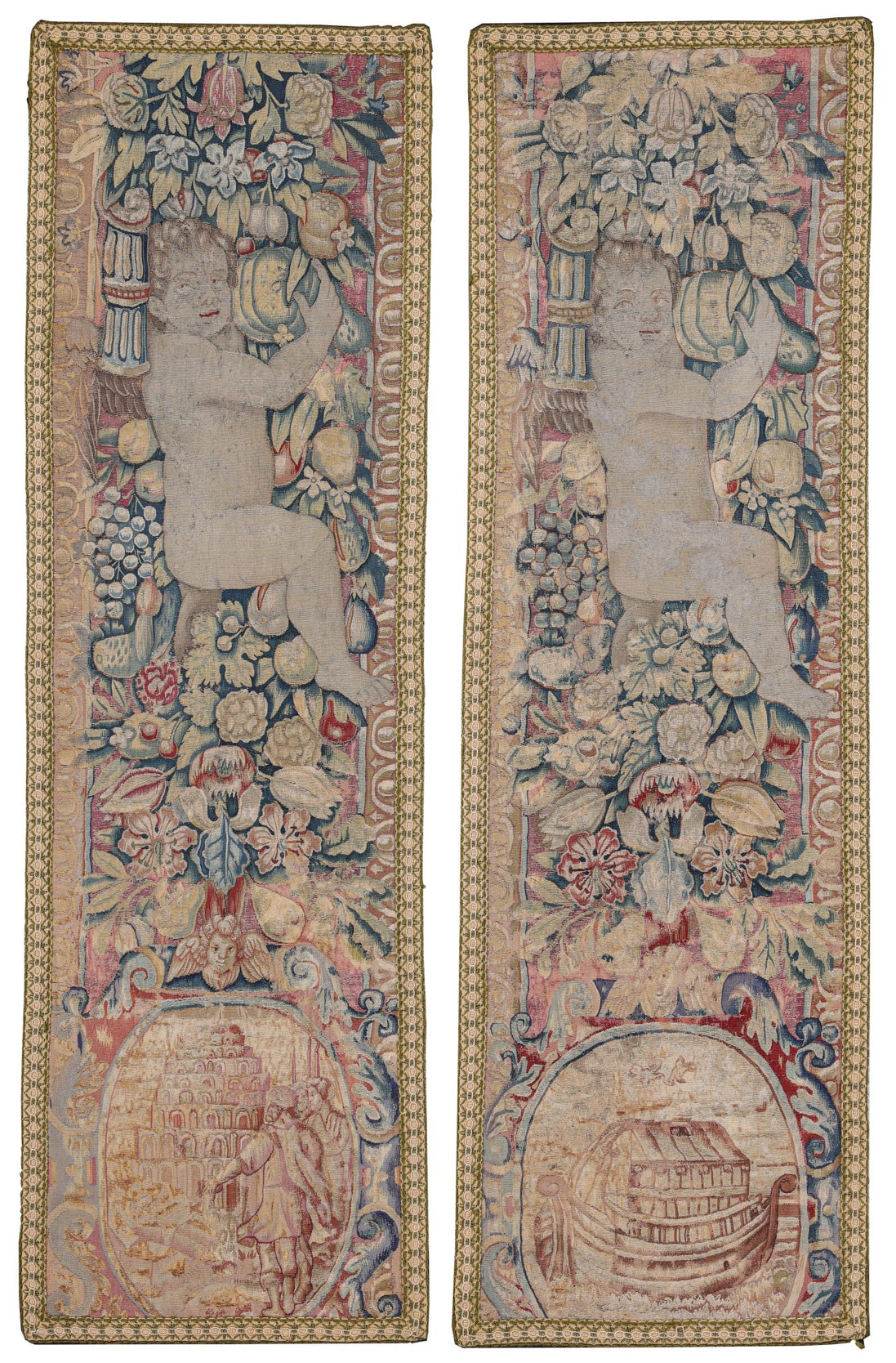 Pair of Antique 16th-Century Blue-Green Figural Brussels Tapestries 8191 — 1'10" x 6'2" - image 1