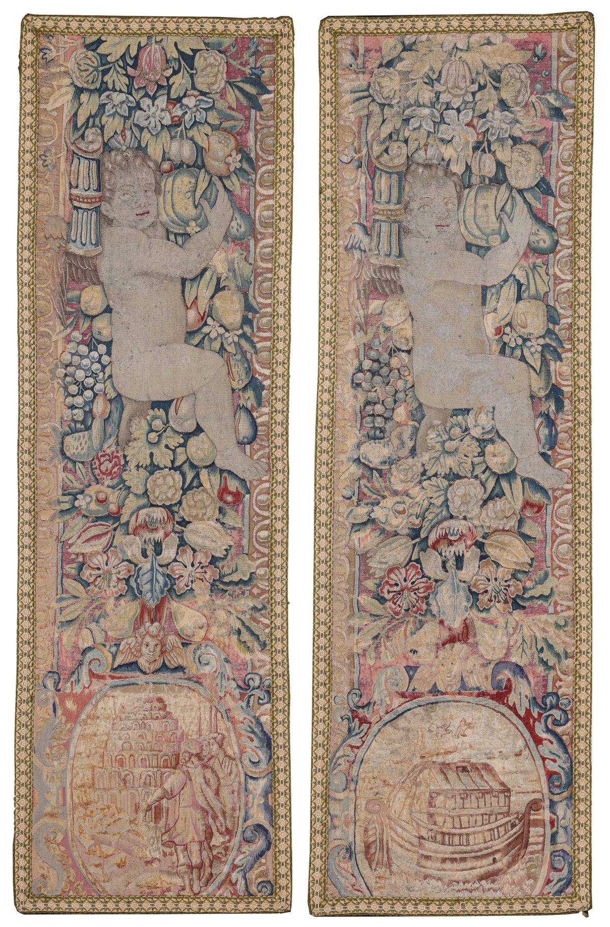 Pair of Antique 16th-Century Blue-Green Figural Brussels Tapestries 8191 — 1'10
