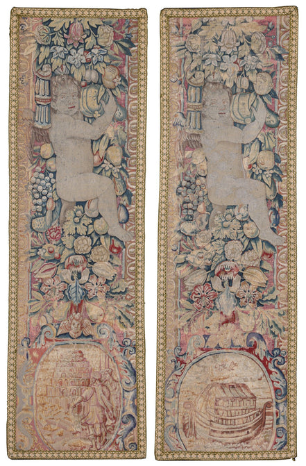 Pair of Antique 16th-Century Blue-Green Figural Brussels Tapestries 8191 — 1'10" x 6'2" - image 1