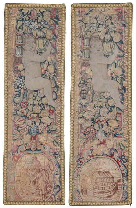 Pair of Antique 16th-Century Blue-Green Figural Brussels Tapestries 8191 — 1'10" x 6'2" - image 1