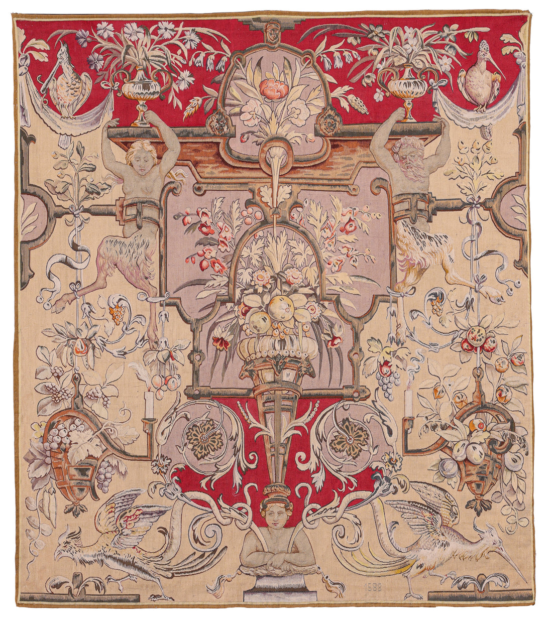 Antique Ivory and Red Ornamental Fine Aubusson Tapestry 90567 — 4' x 5'2" - image 1