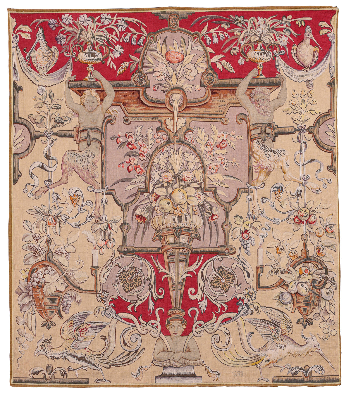 Antique Ivory and Red Ornamental Fine Aubusson Tapestry 90567 — 4' x 5'2