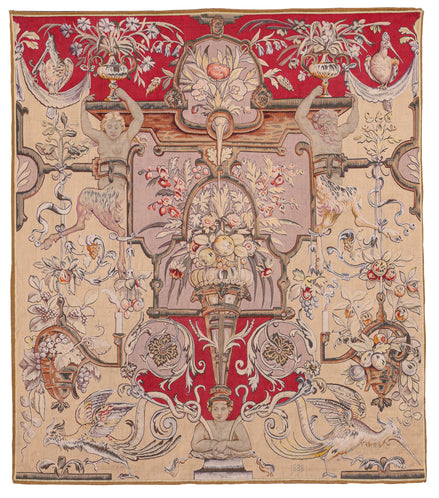 Antique Ivory and Red Ornamental Fine Aubusson Tapestry 90567 — 4' x 5'2" - image 1