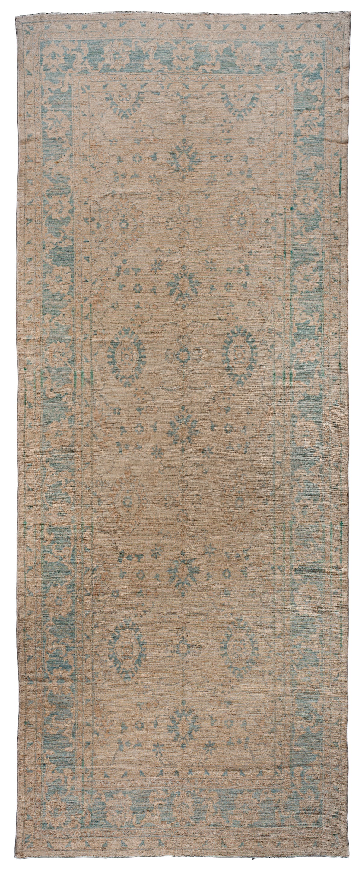 Aqua and Beige Palmette Turkish Oushak Rug 13176 — 6'10