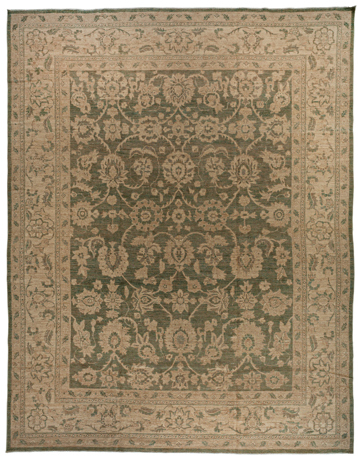 Dark Green and Beige Palmette Persian Sultanabad Rug 14129 — 9'3