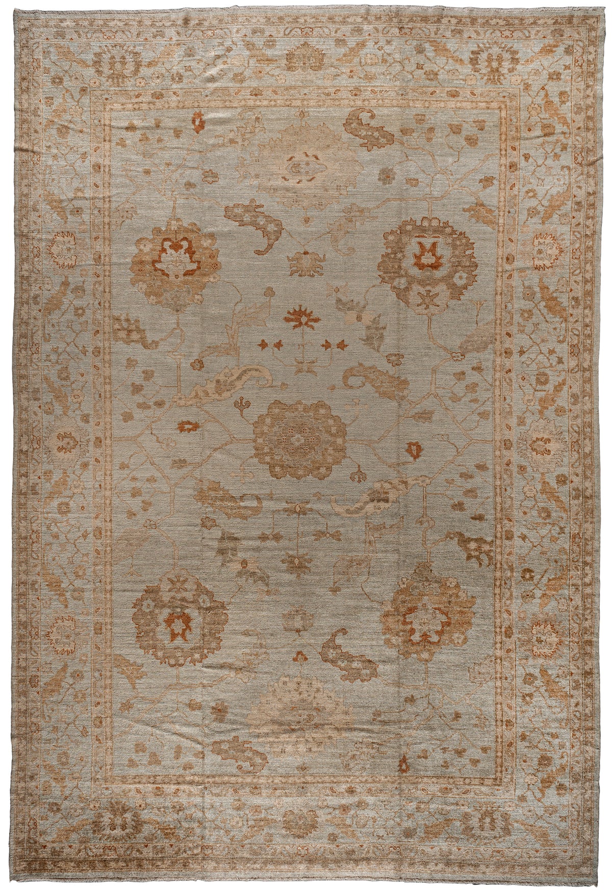 Tan, Taupe, and Warm Brown Botanical Turkish Oushak Rug 16116 — 12'9