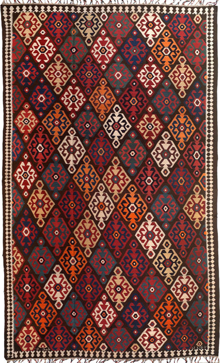 Red, Orange, and Ivory Diamond Caucasian Kilim 06226 — 7'7" x 13' - image 1