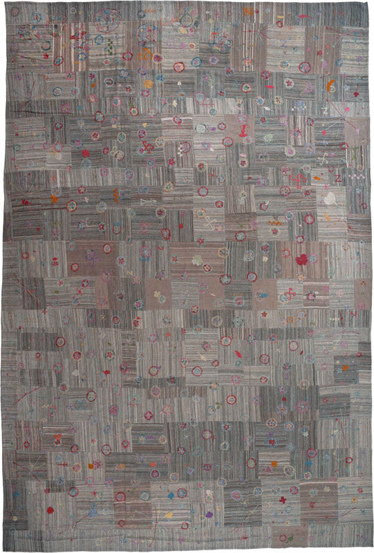 Gray and Red Embroidered Geometric Kilim 15171 — 11'9