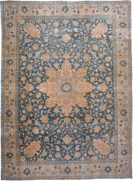 Blue and Coral Floral Medallion Persian Tabriz Rug 12133 — 7'9" x 10'1" - image 1