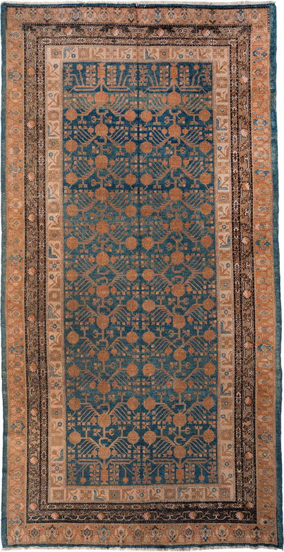 Antique Navy and Coral Floral Lattice Khotan Rug 14138 — 5'6